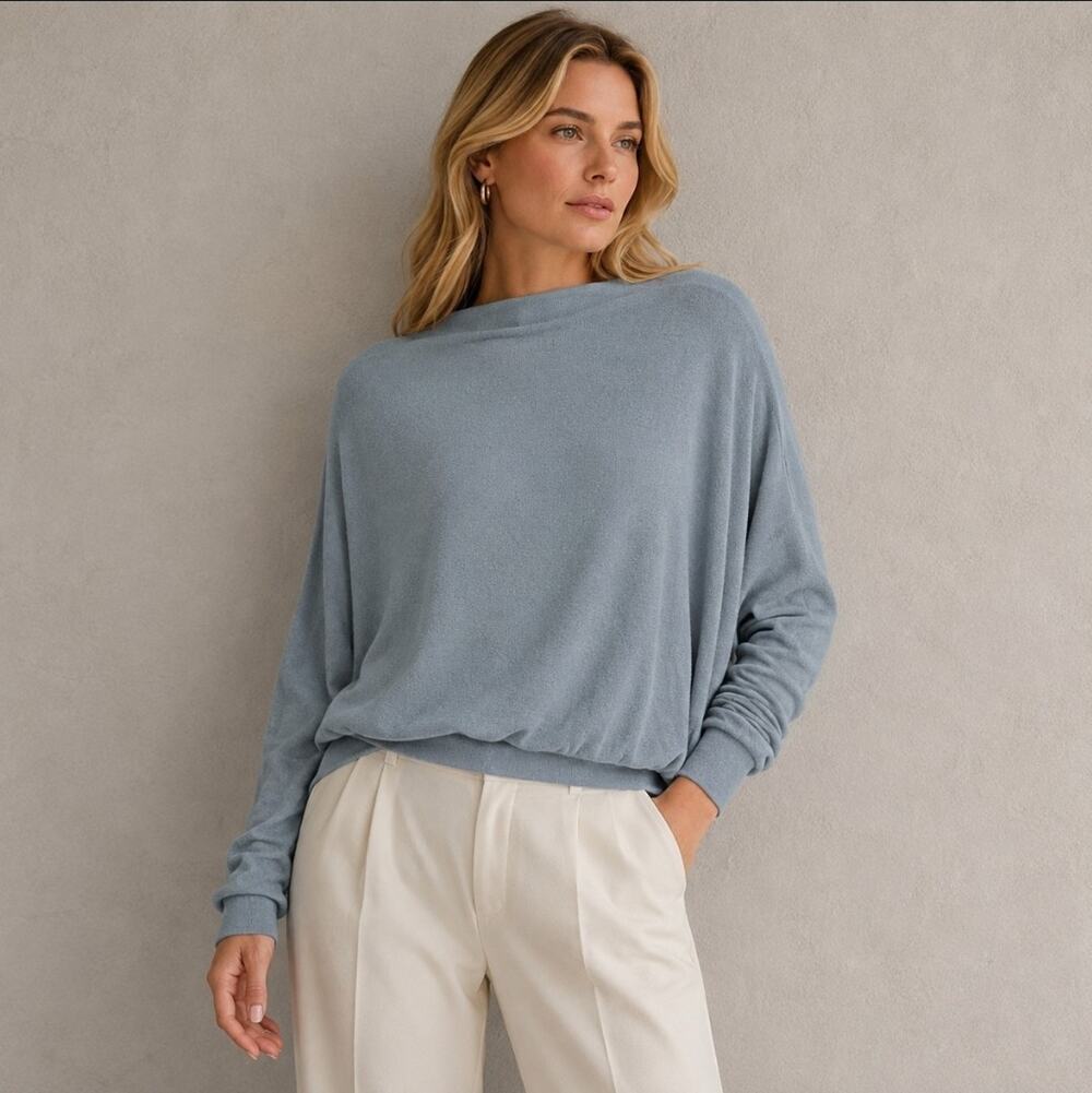 Eberjey XS Cozy Time Mock Neck Dolman Sleeve Sweater Dusty Blue Lux Loungewear